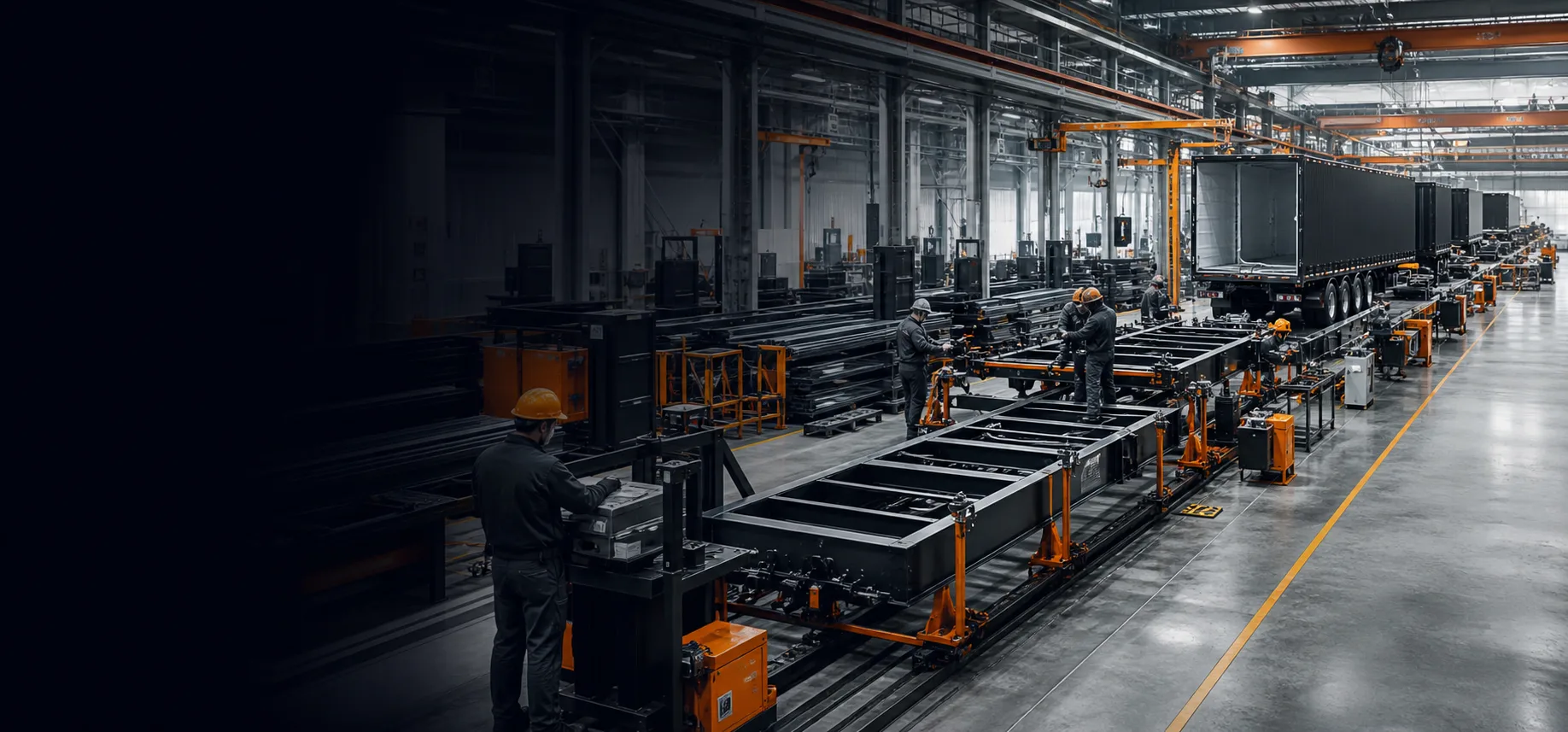 Trailer manufacturing process line with fabrication and assembly activity